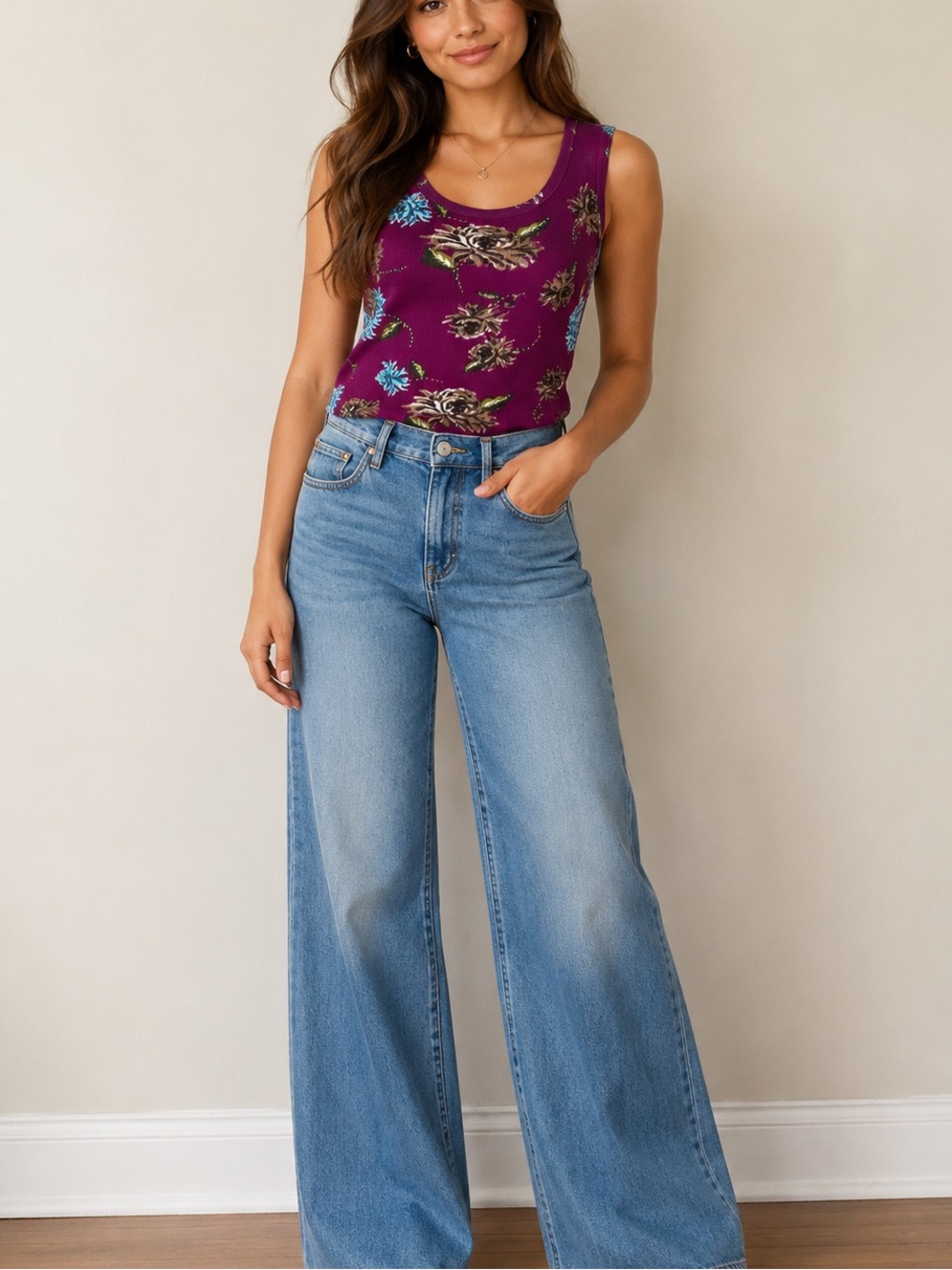 Vintage Y2K Basic Editions Fuschia Beaded Flowers Sleeveless Boho Tank Top Sz 2X
